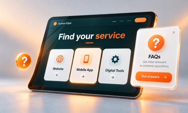3D service guide showing website, mobile app, digital tools, and FAQ options