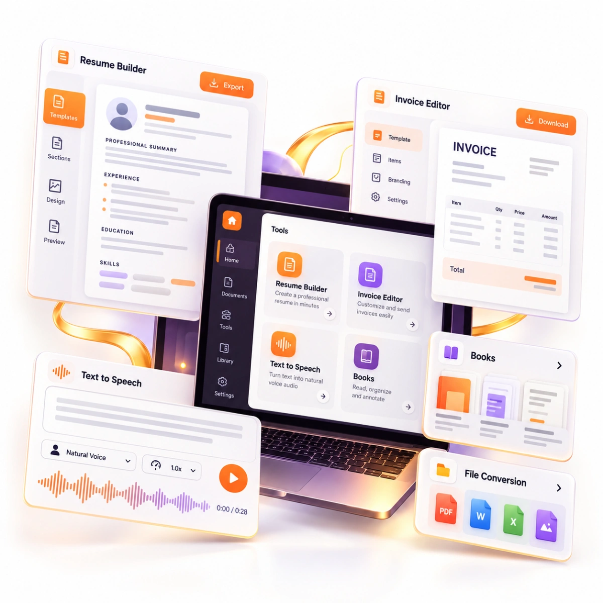 Digital product workspace with document and productivity tools