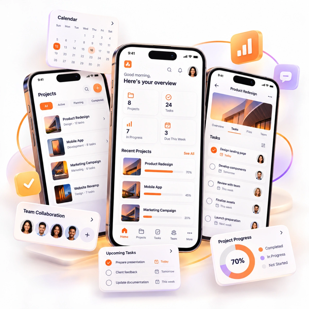 Mobile application interfaces shown on smartphones