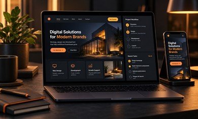 Laptop displaying a website and project workflow alongside a mobile preview